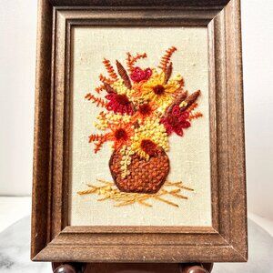 Autumn Flowers Crewel Framed Vintage Needlepoint